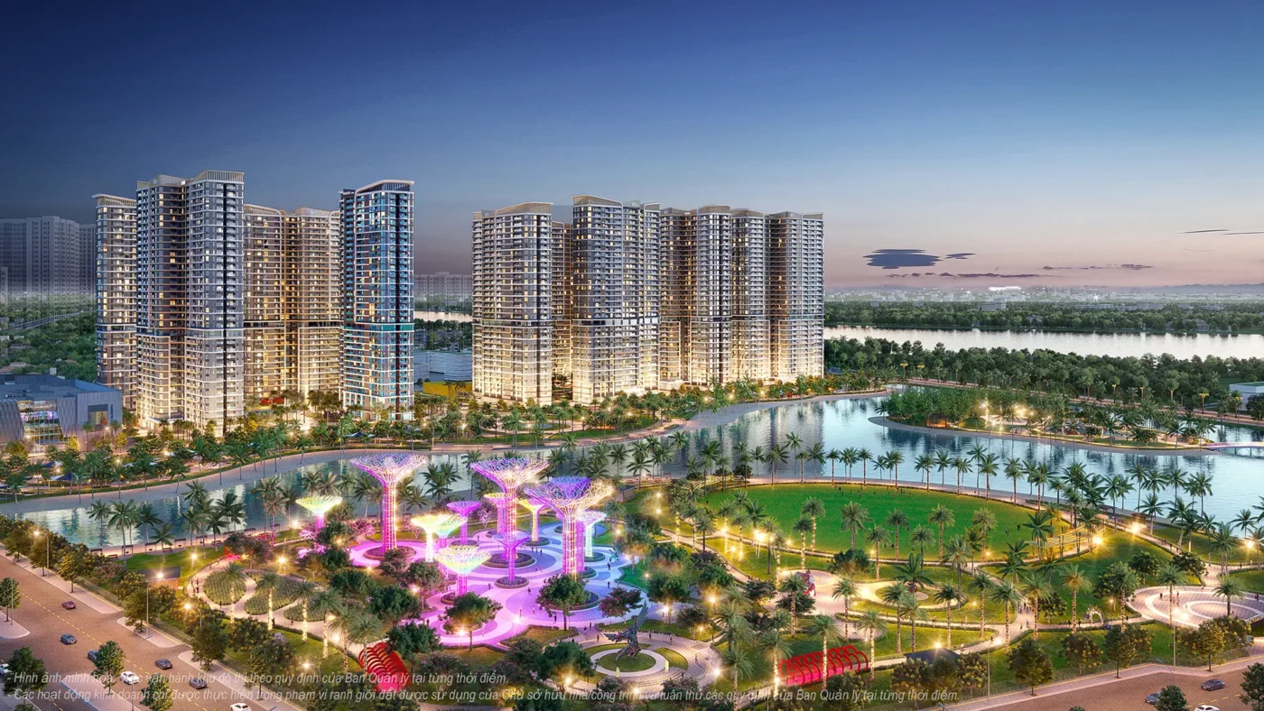 The Beverly Vinhomes Grand Park tổng thể tầm cao qua công viên về đêm